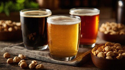 Craft beer selection: Dark stout, golden ale, and amber lager. A trio of brews alongside savory snacks on a rustic wooden table.