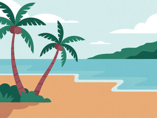 Naklejka premium Tropical beach landscape with palm trees, blue ocean waves and golden sunset sky, relaxing summer vacation scenery, travel destination background, peaceful coastal nature view