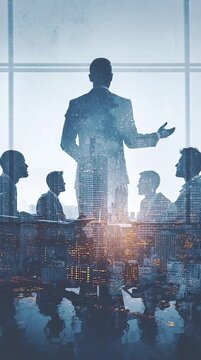 Confident leader presenting to team with large city skyline visible behind glass wall