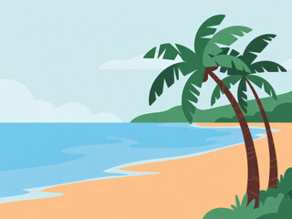 Obraz premium Tropical beach landscape with palm trees, blue ocean waves and golden sunset sky, relaxing summer vacation scenery, travel destination background, peaceful coastal nature view