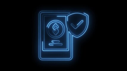 Neon digital payment security shield icon animation on black background for online banking protection - Powered by Adobe