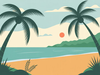 Obraz premium Tropical beach landscape with palm trees, blue ocean waves and golden sunset sky, relaxing summer vacation scenery, travel destination background, peaceful coastal nature view