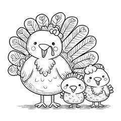 Cute turkey family, parent and baby turkeys, easy coloring style