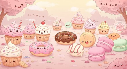 Kawaii pixel art scene featuring an assortment of adorable cupcakes and donuts with happy faces adorned with colorful sprinkles and frosting set