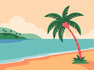 Obraz premium Tropical beach landscape with palm trees, blue ocean waves and golden sunset sky, relaxing summer vacation scenery, travel destination background, peaceful coastal nature view