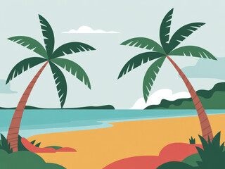 Obraz premium Tropical beach landscape with palm trees, blue ocean waves and golden sunset sky, relaxing summer vacation scenery, travel destination background, peaceful coastal nature view