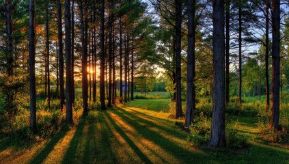 Obraz premium Golden hour sunset piercing through trees in peaceful landscape