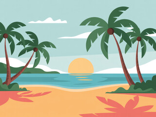 Fototapeta premium Tropical beach landscape with palm trees, blue ocean waves and golden sunset sky, relaxing summer vacation scenery, travel destination background, peaceful coastal nature view