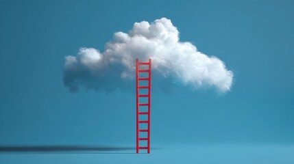 An isolated red ladder stands upright on a clear blue surface merging with the sky,