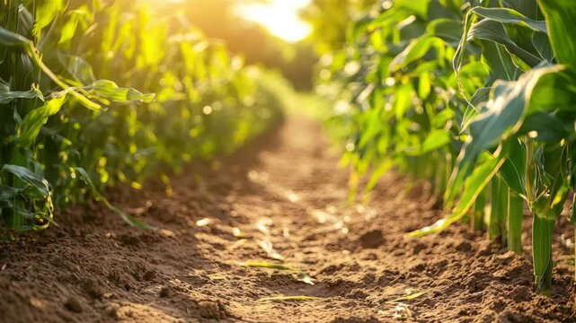 Sunlit cornfield path, flanked by tall, lush green corn plants and fertile soil