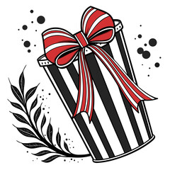 Obraz premium Elegant gift box with red bow and striped pattern adorned with botanical elements for festive occasions and celebrations a stylish present