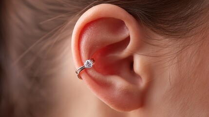 Ear adorned with a helix ring, a stylish statement. A close-up showcases the ear's delicate curve and the ring's sparkle.