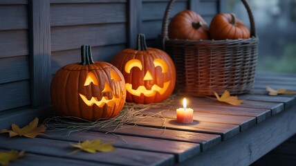 Obraz premium Two glowing halloween pumpkins with candle and basket on wooden table 