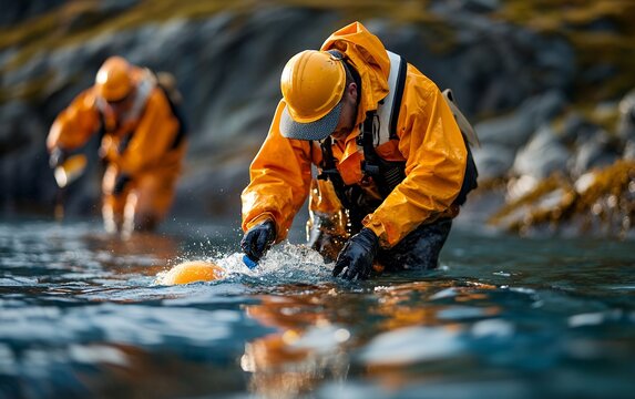 Marine biologists in orange gear gather data from ocean buoys, focused on environmental research and conservation