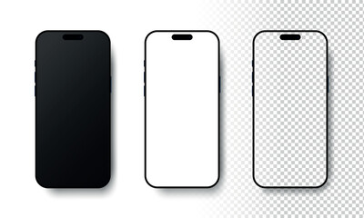 Realistic smartphone mockup with black, white, and transparent screens. Mobile phone template for app, and web design. Vector illustration isolated on white background.