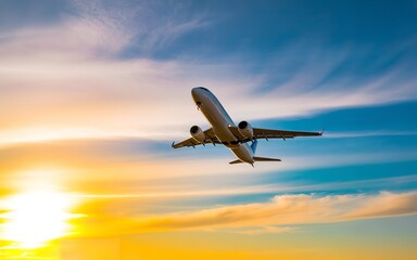 Passenger airplane flying in the beautiful sky at sunset. Concept of air travel, vacation journey, and transportation