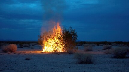 prophecy. Desert bush engulfed in flames against a twilight sky. ESG reports, sustainability campaigns, designed for sustainability communications and ESG reporting.