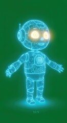 Futuristic Digital Hologram of a Cute Baby Robot Character Standing with Glowing Yellow Eyes and a Neon Blue Wireframe Body Against a Vibrant Green