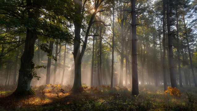 Sunbeams filter through misty forest trees creating a magical atmosphere