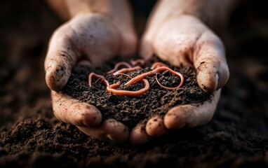 Hands cupping rich soil with earthworms, symbolizing fertility and sustainable gardening practices