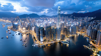 Fototapeta premium Aerial view of vibrant city skyline illuminated night, showcasing modern architecture