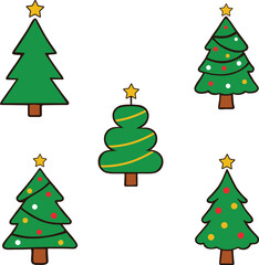  Cute Christmas Tree Icon Set, Cartoon Vector Illustration