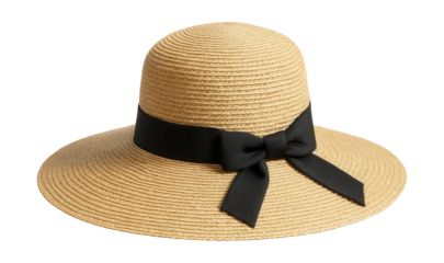 Wide-brim straw hat featuring a stylish black ribbon accent.