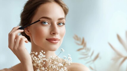 A young Caucasian woman with long brown hair applies mascara while holding a bouquet of dried flowers. The background is softly blurred with light colors. - Powered by Adobe