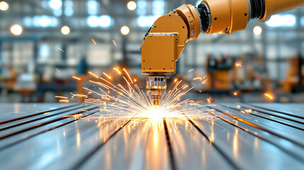 Precision robotic welding unit creating sparks during metal joint fabrication