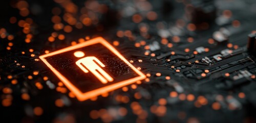 Close-up of illuminated human figure on digital circuit board with glowing lights