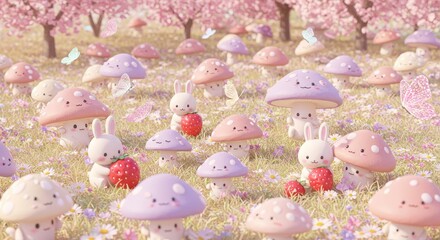 Enchanting Spring Meadow Scene with Adorable Kawaii Mushroom Characters and Bunny Companions Holding Strawberries Amidst Delicate Cherry Blossoms and