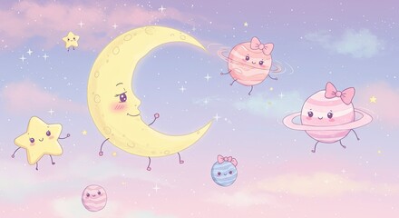 Dreamy Pixel Art Celestial Scene Featuring a Smiling Crescent Moon Surrounded by Adorable Kawaii Planets and Stars in a Soft Pastel Sky with Gentle