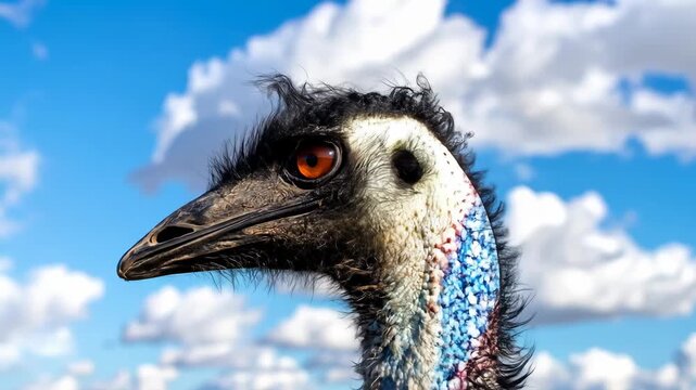 Emu Close Up Portrait with Blue Sky and White Clouds Background.