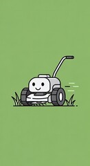 Cute retro pixel art lawn mower character with a happy smiling face and big wheels rolling through green grass with a sense of speed represented by