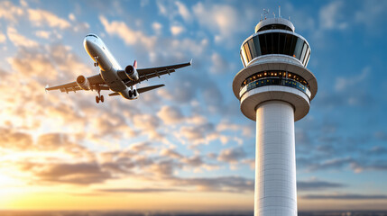 Air traffic control tower with airplane flying in sky at sunset, showcasing aviation operations