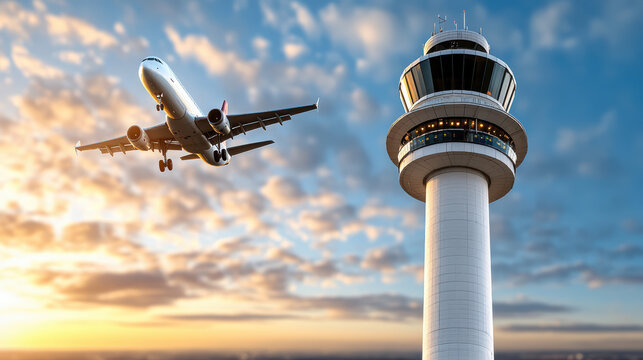 Air traffic control tower with airplane flying in sky at sunset, showcasing aviation operations