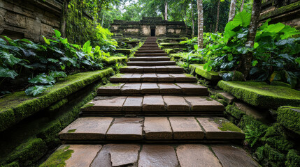 Naklejka premium Ancient stone steps lead through lush greenery, creating serene atmosphere in nature