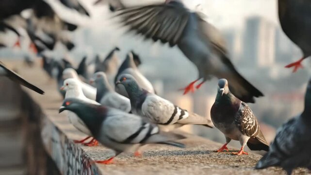 A group of pigeons stands on a ledge overlooking a cityscape. The birds vary in color, including gray, white, and brown, with urban buildings in the background.