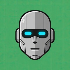 Close-up frontal view of a stylized metallic robot head featuring glowing cyan optical sensors and a neutral expression set against a textured green