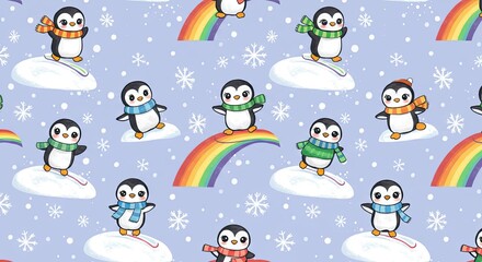 Charming pixel art seamless pattern featuring adorable kawaii penguins dressed in colorful scarves and hats joyfully snowboarding and sliding down