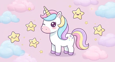 Charming Pixel Art Unicorn with Pastel Mane and Tail Surrounded by Cute Smiling Stars and Fluffy Clouds on a Soft Pink Background Ideal for