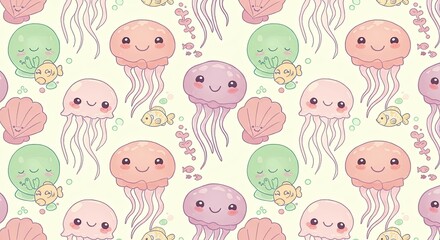 Charming Pixel Art Seamless Pattern Featuring Adorable Kawaii Jellyfish and Seashells with a Soft Pastel Color Palette Perfect for Children's Textile