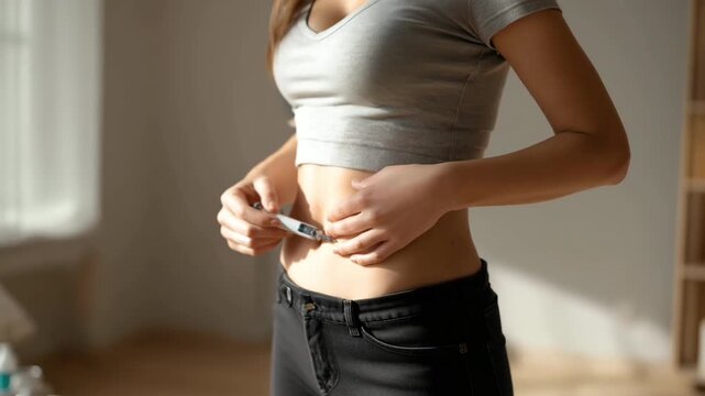 A faceless shot of a slim woman self-injecting GLP-1 medication with an injector pen into her abdomen. Illustrating semaglutide treatment with discretion and clarity.