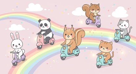 Charming pixel art scene featuring adorable cartoon animals like a panda bear a white rabbit two squirrels a gray cat and a ginger cat riding
