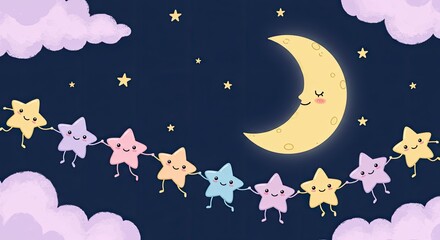 Charming Pixel Art Night Scene Featuring a Crescent Moon Smiling Kindly Upon a Garland of Adorable Holding Hands Stars in Pastel Hues with Fluffy