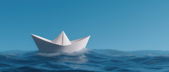 Obraz premium Elegant White Paper Boat Floating on Tranquil Blue Water Surface