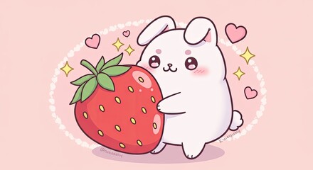 Charming Pixel Art Bunny Hugging a Giant Strawberry with Sparkles and Hearts Adorning a Soft Pink Background Featuring Kawaii Style and Cute