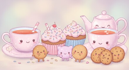 Charming Kawaii Tea Party Scene featuring Cute Pink Polka Dot Teacups and Saucers Filled with Pink Tea Adorned with Colorful Sprinkles Accompanied by