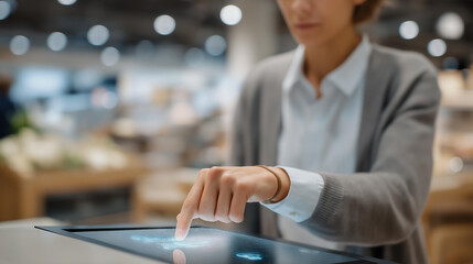 Futuristic digital retail checkout experience with holographic product scanning and AI-powered payment system, symbolizing advanced consumer technology, automation, and next-generation shopping