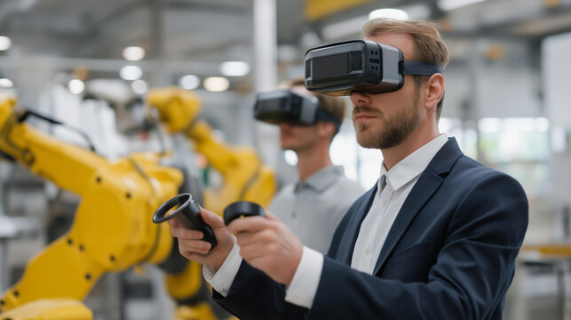 Team of engineers wearing VR headsets controlling robotic arms on factory floor, symbolizing smart manufacturing, human-AI collaboration, and advanced industrial automation technology. cinematic